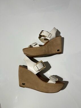 Michael Kors White Leather & Tan Suede Wedge Sandals with Gold Buckle Accents